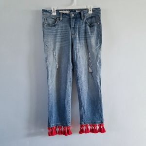 Anthropologie distressed beaded tassel trim jeans